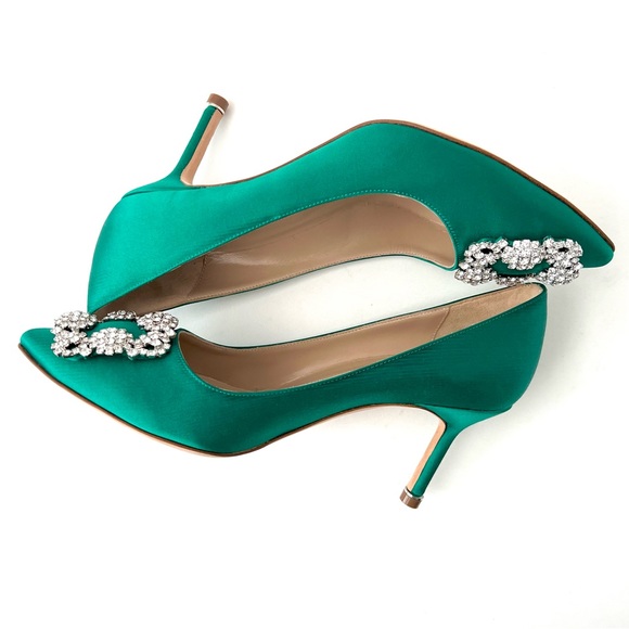 MANOLO BLAHNIK | Emerald Green Satin Jewel Buckle Crystal Pumps Heels US 6 EU 36 - Picture 5 of 15